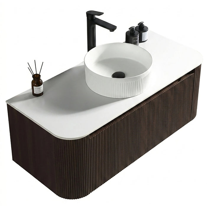 Tailored Flauto 1 Drawer Fluted Wall Hung Curve Corner Vanity Unit with Sintered Stone Countertop