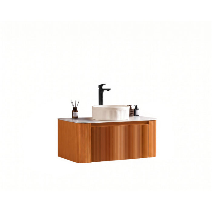 Tailored Flauto 1 Drawer Fluted Wall Hung Curve Corner Vanity Unit with Sintered Stone Countertop