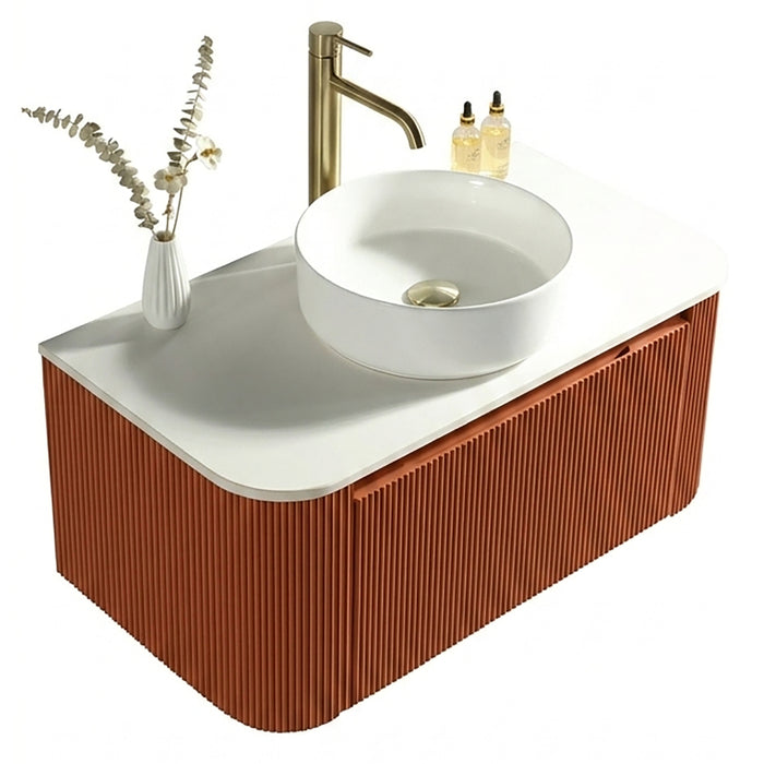Tailored Flauto 1 Drawer Fluted Wall Hung Curve Corner Vanity Unit with Sintered Stone Countertop
