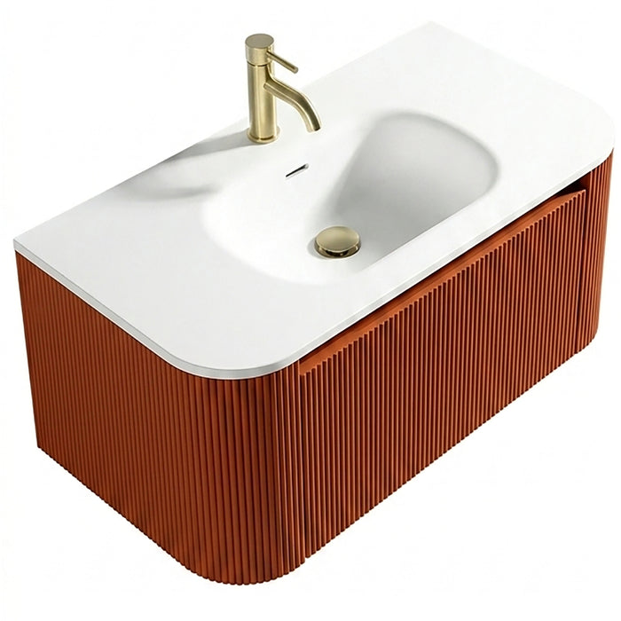 Tailored Flauto 870mm 1 Drawer Fluted Wall Hung Curve Corner Vanity Unit with Matt White Basin