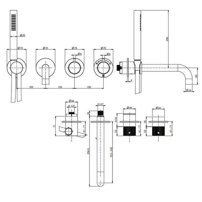 Crosswater Module 3ONE6 2 Outlet Thermostatic Concealed Shower Valve With Trim set, Shower handset and Bath Spout