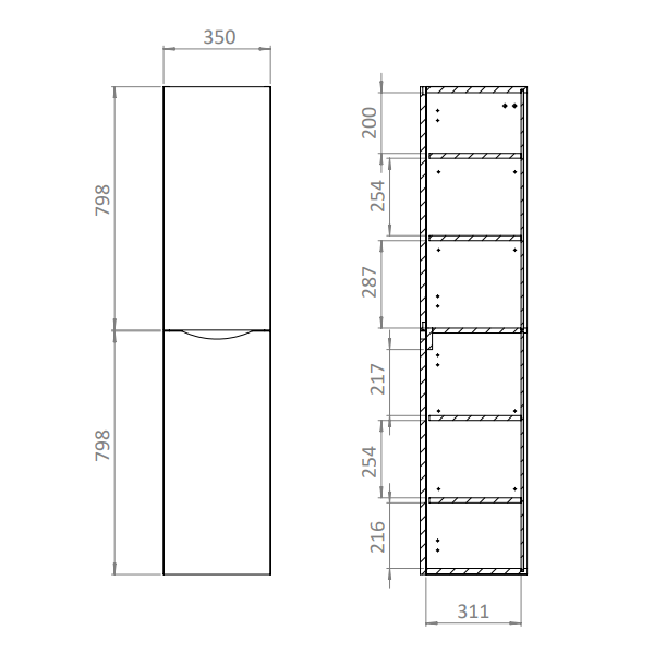 Crosswater Glide II 2 Door Wall Hung Tall Storage Unit - 350mm Wide