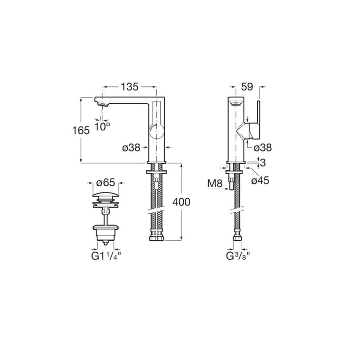 Roca Targa Basin Mixer Tap with Side Handle & Click Clack Waste
