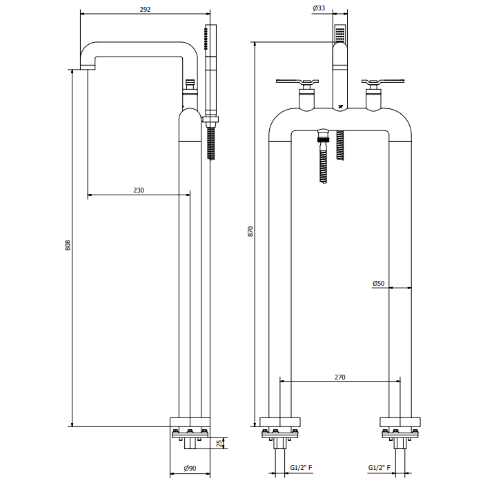 Crosswater Union Free Standing Bath Filler Tap and Shower Kit with Wheel Handles