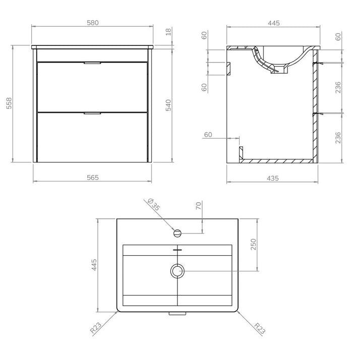 Sonas Lumiere 2 Drawer Wall Hung Vanity Unit with Shadow Gloss Resin Basin & Handles