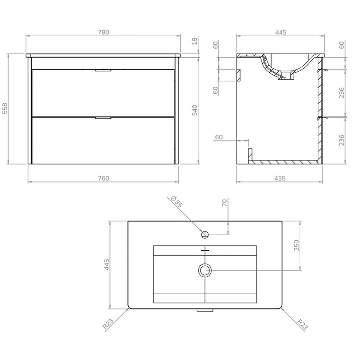 Sonas Lumiere 2 Drawer Wall Hung Vanity Unit with Shadow Gloss Resin Basin & Handles