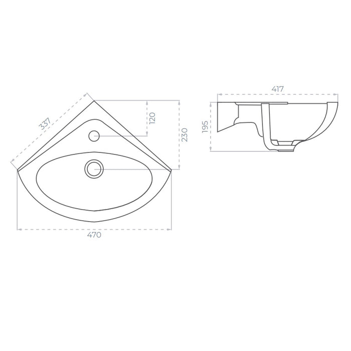 Sonas Select Wall Hung Corner Basin 337mm - 1 Tap Hole - White