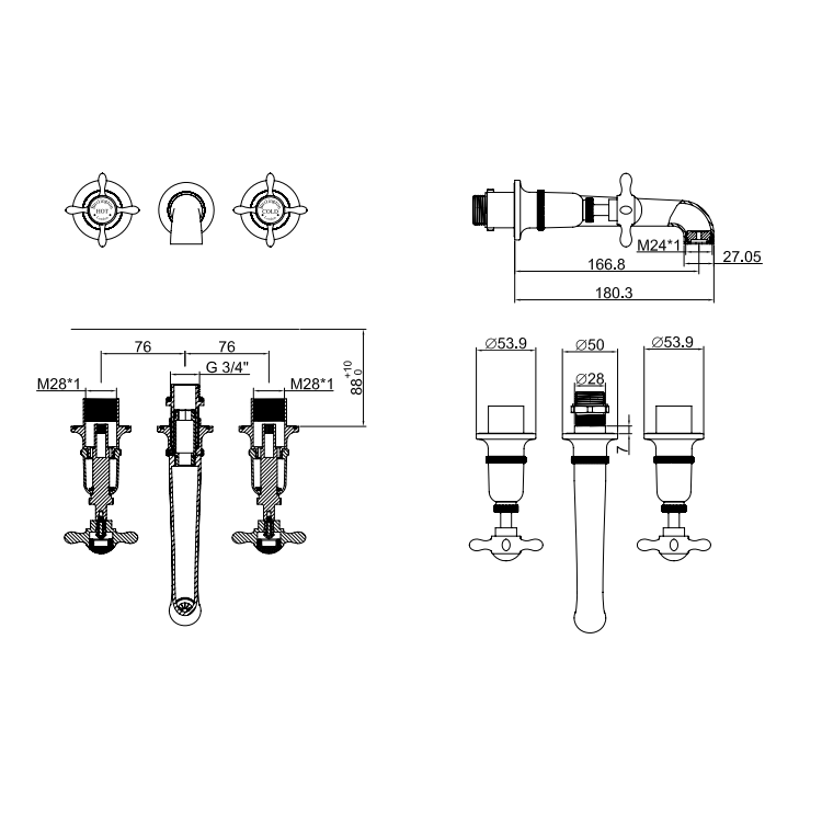 Burlington Guild 3 Hole Wall Mounted Bath Tap