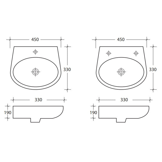 Sonas Strata Round Fronted Cloakroom Wall Hung Basin - 450mm - 1 Tap Hole