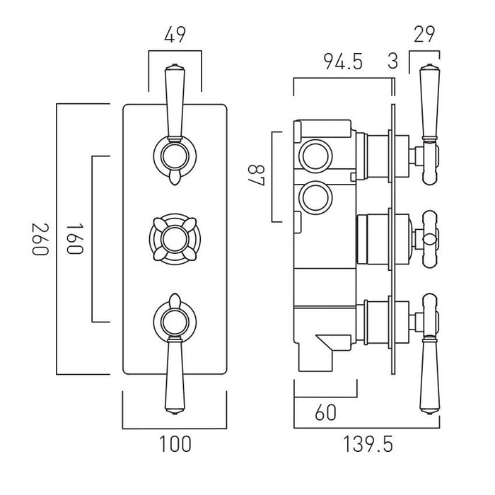 Vado Axbridge 3 Outlet, 3 Handle Thermostatic Concealed Shower Valve