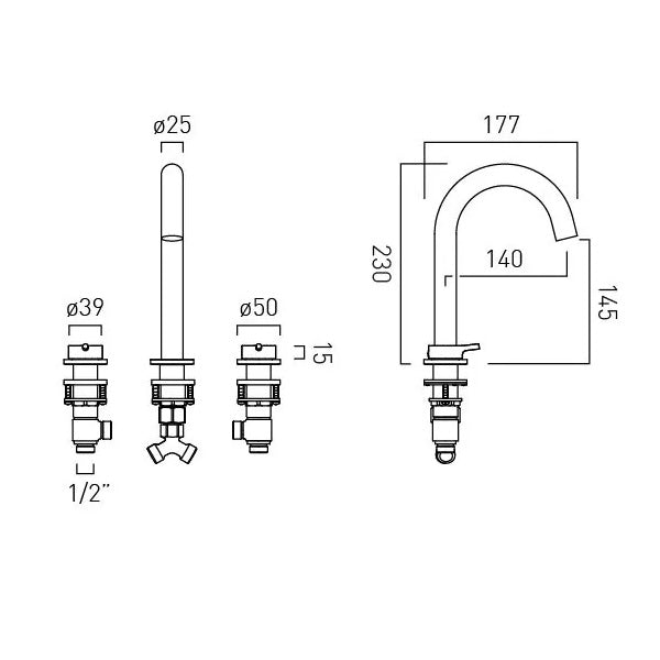 Vado Safari Lever 3 Hole Basin Mixer Tap for Low Pressure System