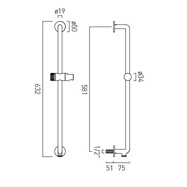 Vado Safari Fluted Leverless Slim Slide Rail with Integrated Outlet & Hose (No Handset Included)