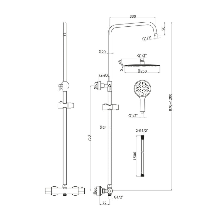 Scudo Messi Round Thermostatic Cool Touch Rigid Riser Shower Set - Chrome