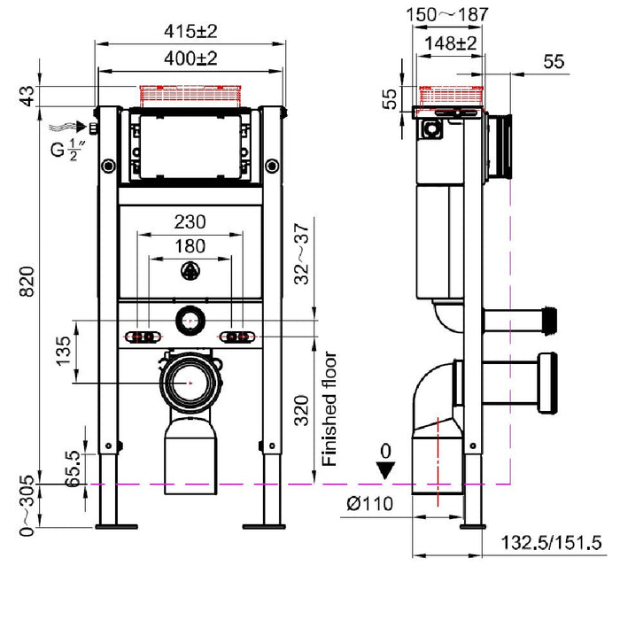 Scudo Under Window Wall Hung Toilet Frame & Concealed Cistern with Flush Button