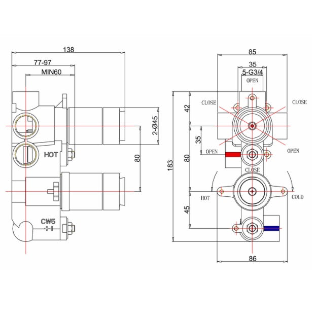 Crosswater Belgravia 3 Outlet 2 Handle Thermostatic Concealed Shower Valve With Crosshead Handle - Chrome/White