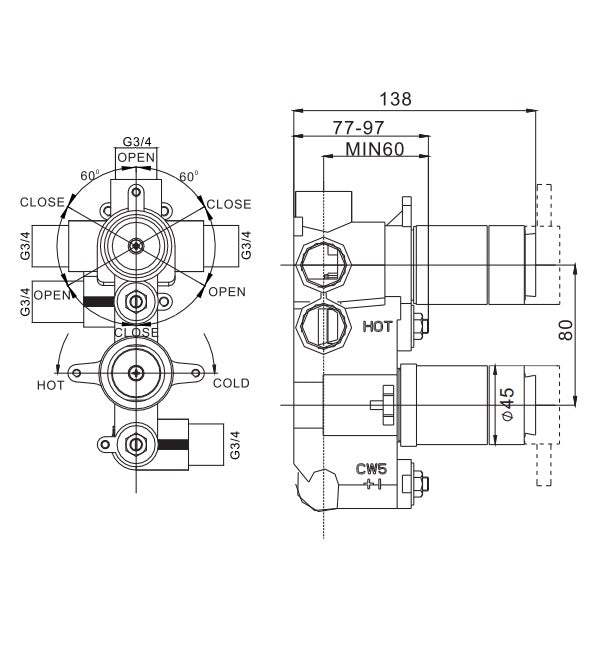 Crosswater Belgravia 3 Outlet 2 Handle Thermostatic Concealed Shower Valve With Crosshead Handle - Chrome/White