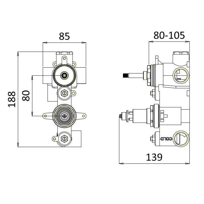Crosswater MPRO 2 Outlet 2 Handle Thermostatic Bath Concealed Shower Valve With 2 Way Diverter