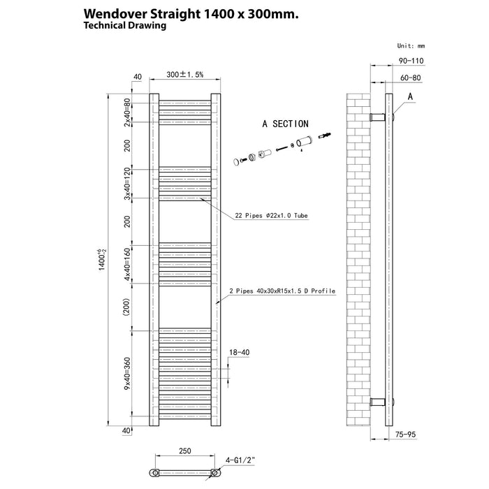 Eastbrook Wendover Vertical Straight Heated Towel Rail - Matt Black
