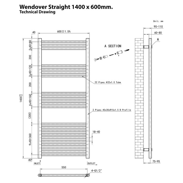 Eastbrook Wendover Vertical Straight Heated Towel Rail - Matt Black