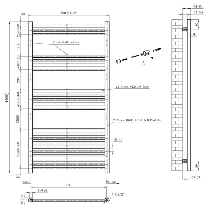 Eastbrook Wendover Straight Heated Towel Rail - Brushed Brass