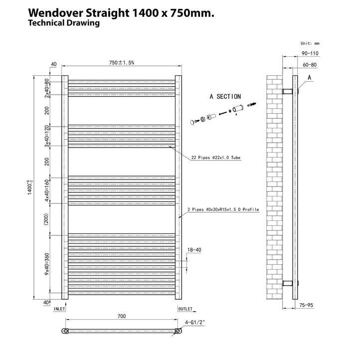 Eastbrook Wendover Vertical Straight Heated Towel Rail - Matt Black