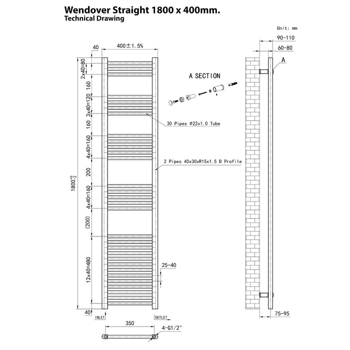 Eastbrook Wendover Vertical Straight Heated Towel Rail - Matt Black