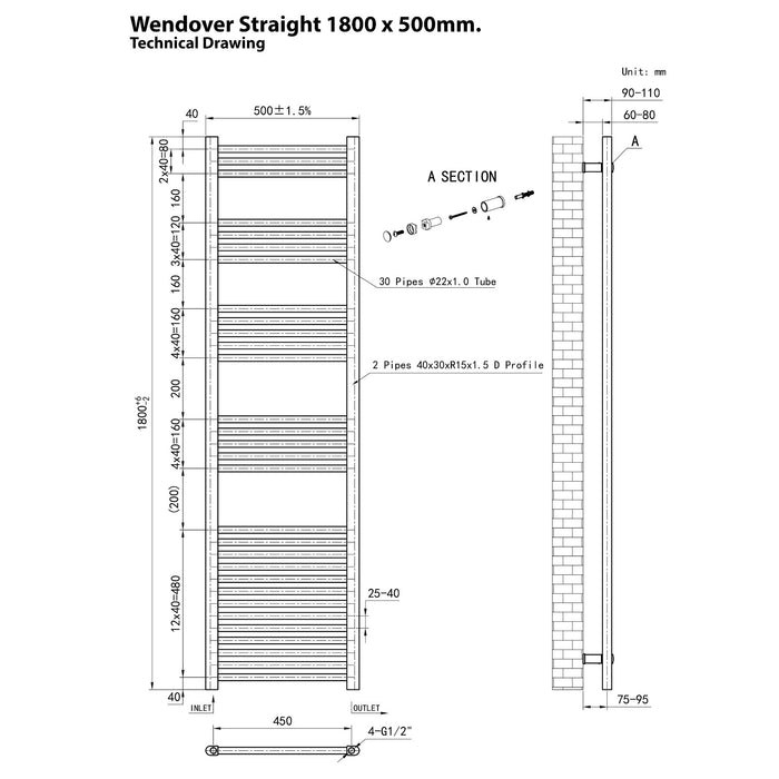 Eastbrook Wendover Vertical Straight Heated Towel Rail - Matt Black