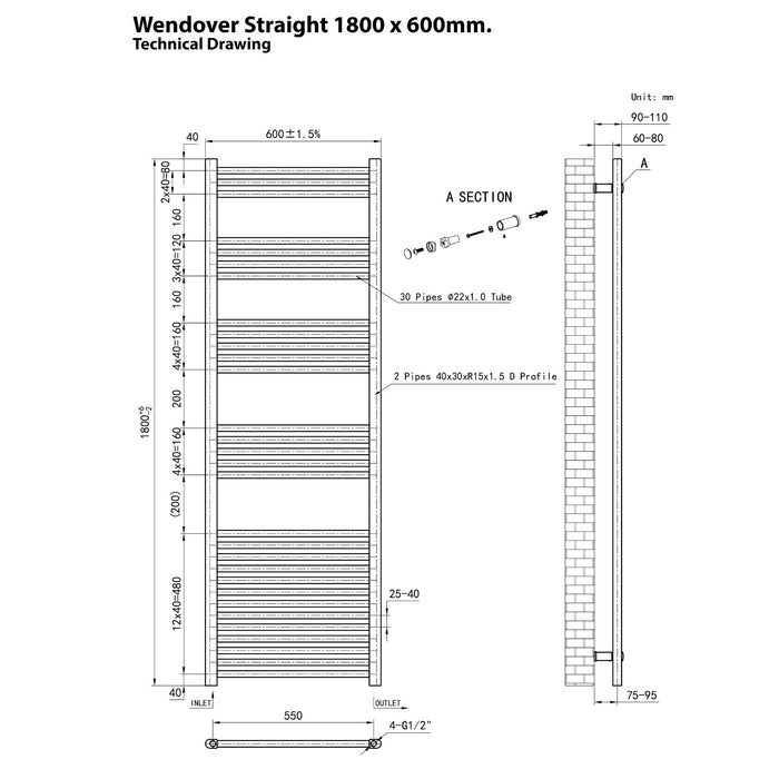 Eastbrook Wendover Vertical Straight Heated Towel Rail - Matt Black