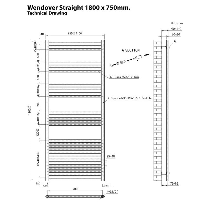 Eastbrook Wendover Vertical Straight Heated Towel Rail - Matt Black