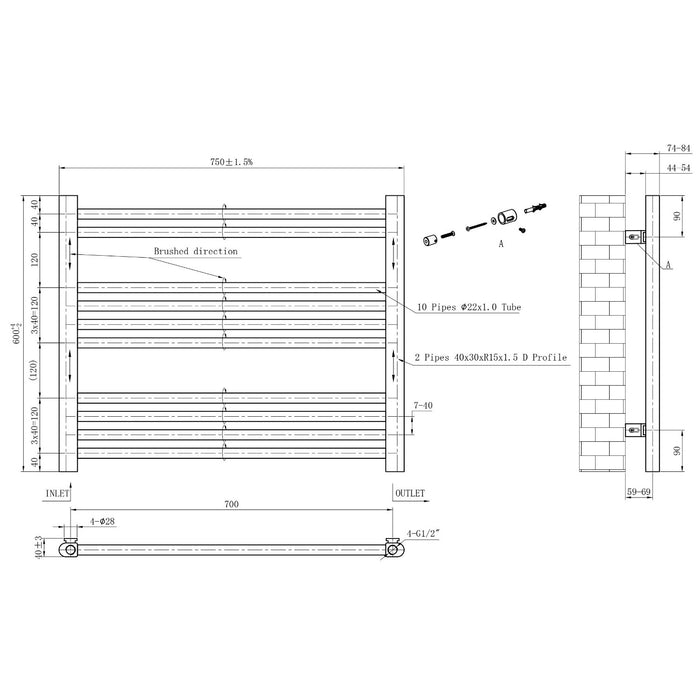 Eastbrook Wendover Straight Heated Towel Rail - Brushed Brass
