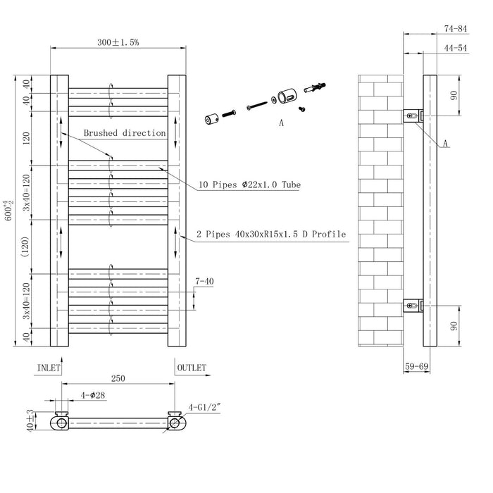 Eastbrook Wendover Straight Heated Towel Rail - Brushed Brass