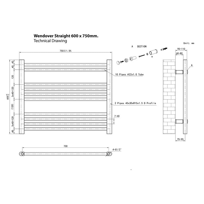 Eastbrook Wendover Horizontal Straight Heated Towel Rail - White