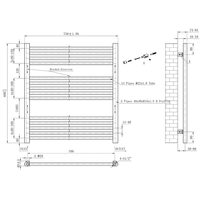 Eastbrook Wendover Straight Heated Towel Rail - Brushed Brass