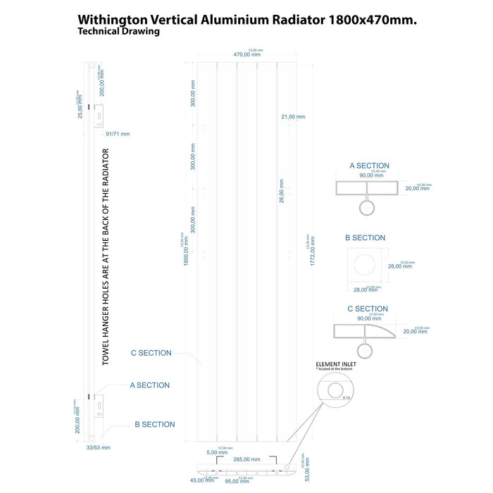 Eastbrook Withington Aluminium Vertical Designer Radiator - Matt Cobalt Blue