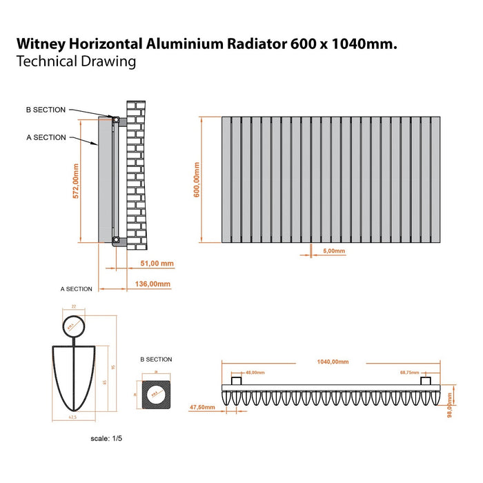 Eastbrook Witney Horizontal Aluminium Designer Radiator - Matt White
