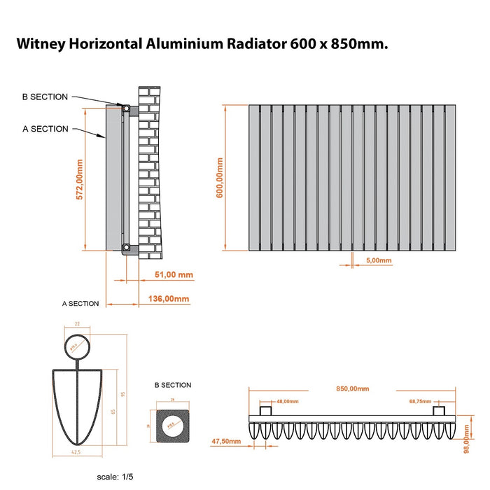 Eastbrook Witney Horizontal Aluminium Designer Radiator - Matt White