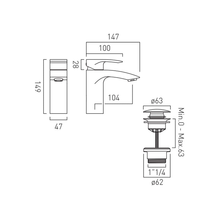 Vado Rowe Deck Mounted Mono Basin Mixer Tap With Push Waste - Chrome