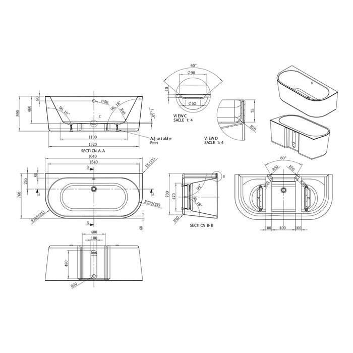 BC Designs Ancora Double Ended Back to Wall Bath - 1640mm x