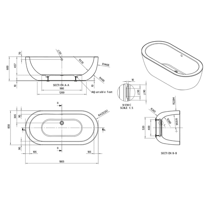 BC Designs Ovali Freestanding Double Ended Bath with Waste