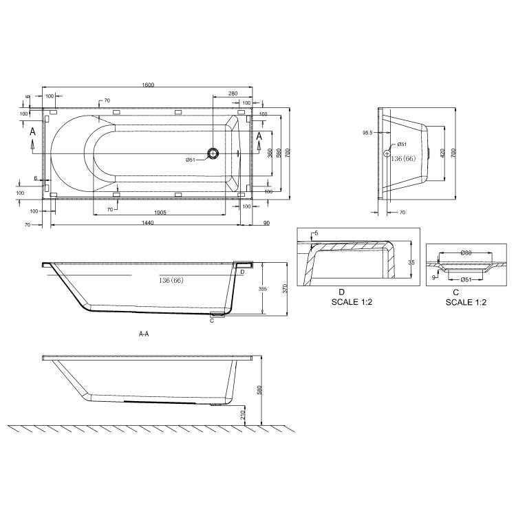 Britton Reuse Single Ended Bath - White