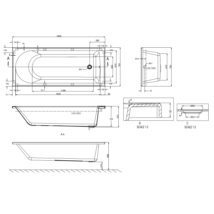 Britton Reuse Single Ended Bath - White