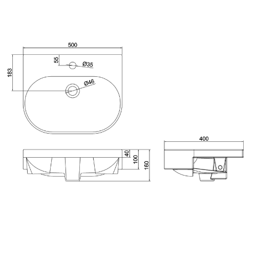 Britton Trim Semi Recessed Basin - 500mm Wide - 1 Tap Hole