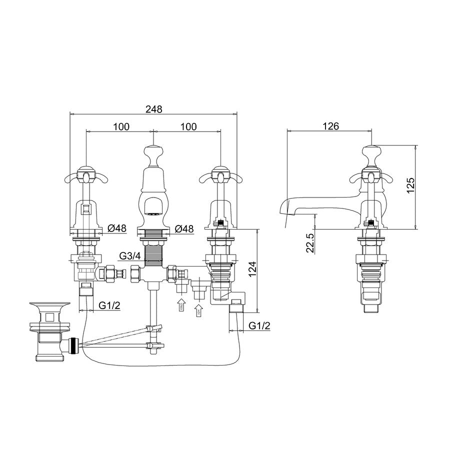 Burlington Anglesey Deck Mounted 3 Hole Basin Mixer Tap