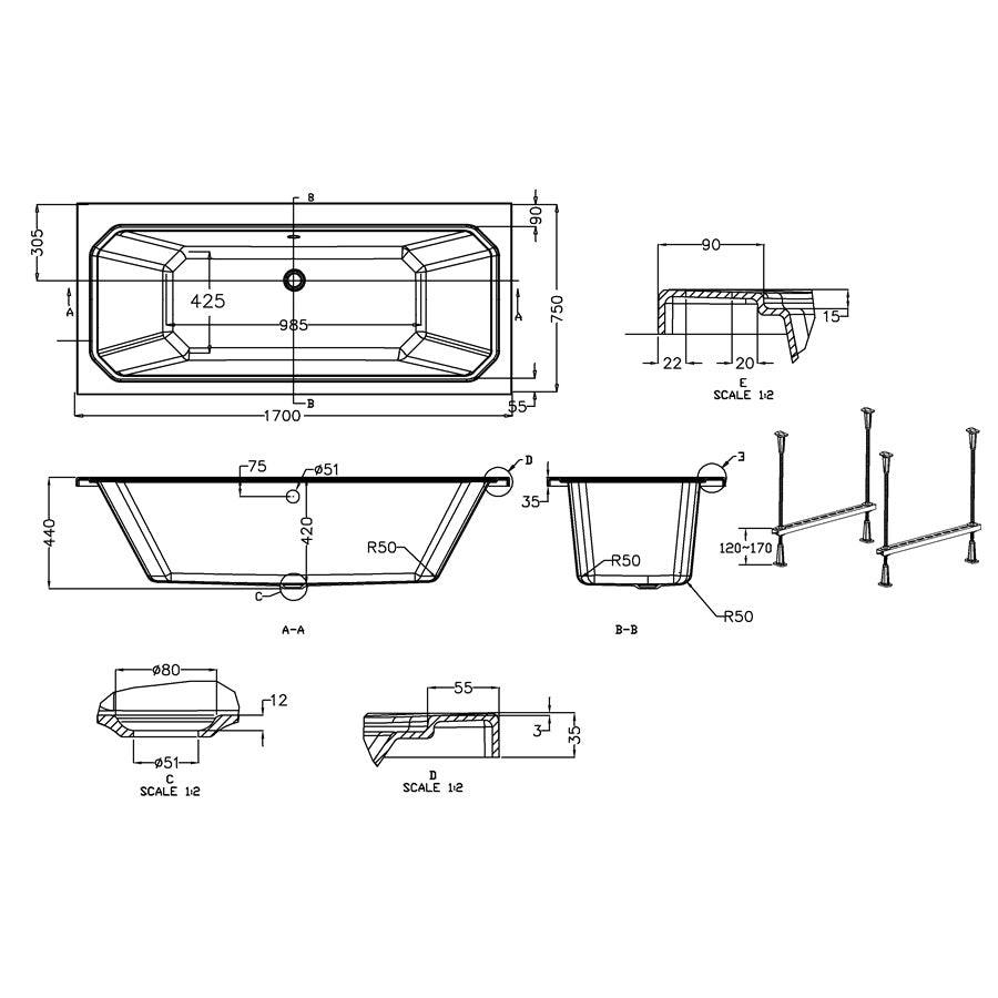 Burlington Arundel Double Ended Bath - No TH - White