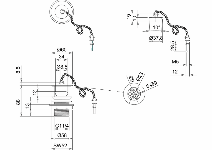 Burlington Basin Plug And Chain - Slotted Chrome Clearance