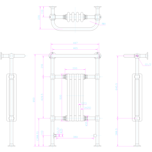 Burlington Bloomsbury Radiator 497 x 950mm - Heated Towel