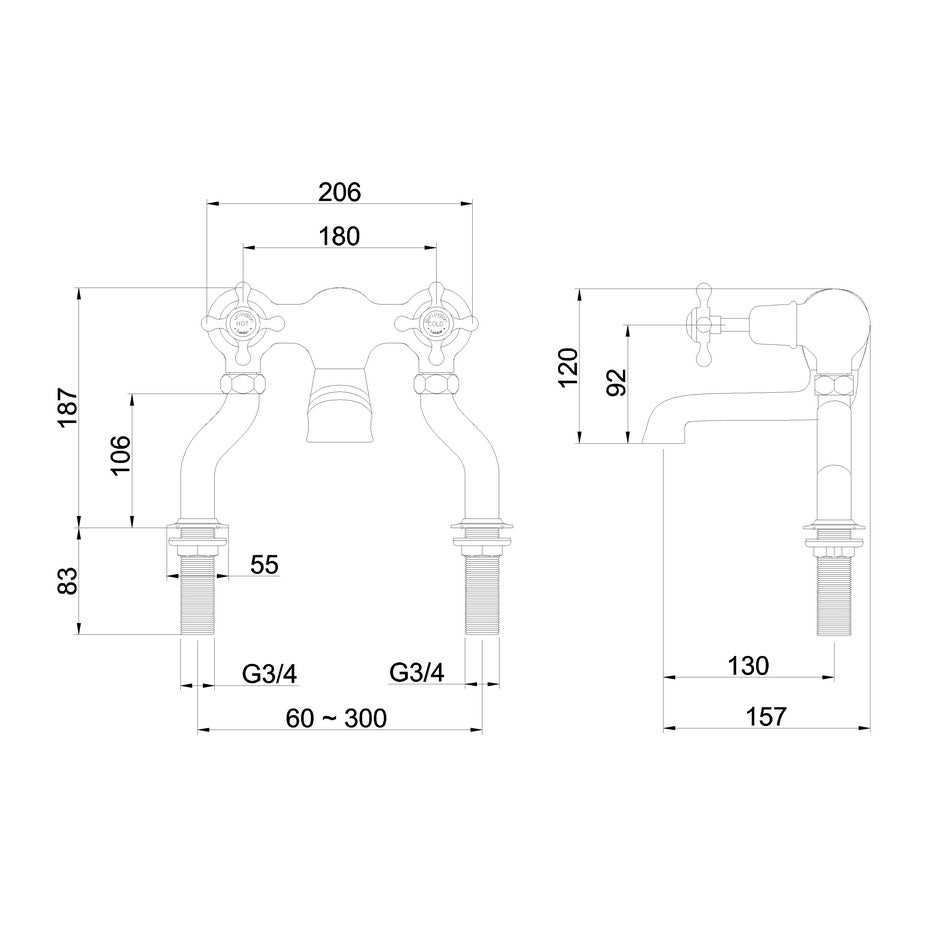 Burlington Claremont 2 Hole Deck Mounted Quarter Turn Bath