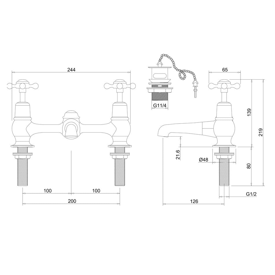 Burlington Claremont 2 Hole Quarter Turn Bridge Basin Mixer