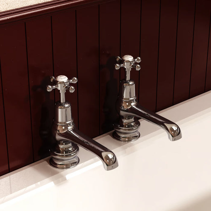 Burlington Claremont Deck Mounted Quarter Turn Bath Pillar Taps with Regent Base - Chrome