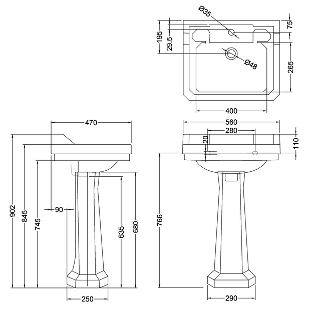 Burlington Edwardian White Basin With Pedestal - Full Basins